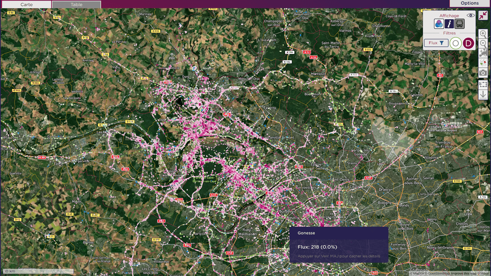 Visualization on the Fluidity software of aggregated GPS points passing through Achères Grand Cormier station during an average day.