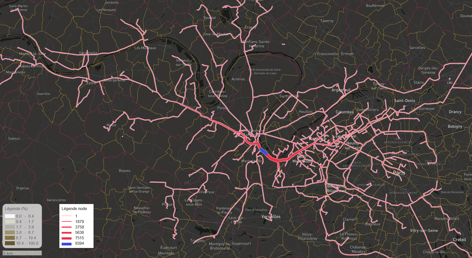 Representation of FCD data transformed into origin-destination pairs passing through the blue measurement point in the Paris-Yvelines direction. The lines indicate the routes taken by vehicles upstream and downstream of the measurement point. This is the Node option in the Fluidity software.